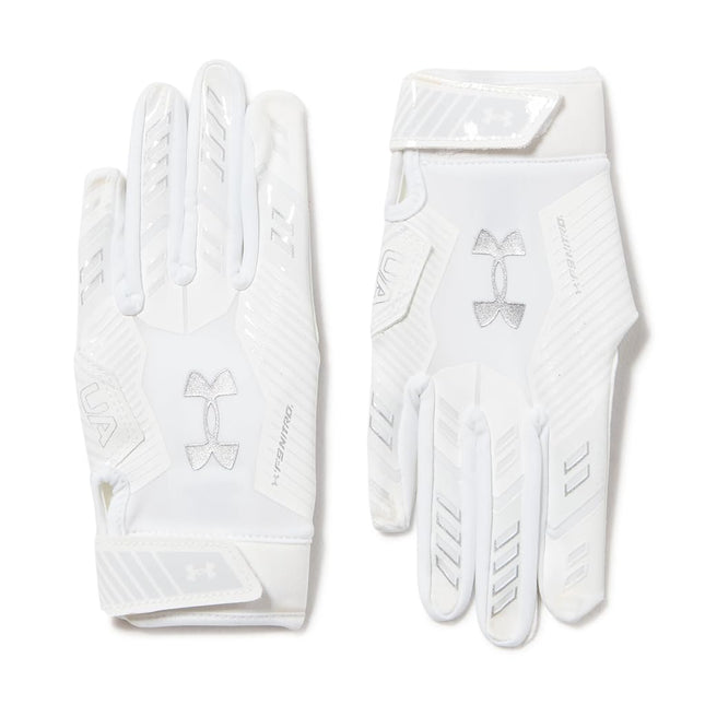 Under Armour Boys F9 Nitro Football Gloves, (100) White/Distant Gray/Metallic Silver, Small