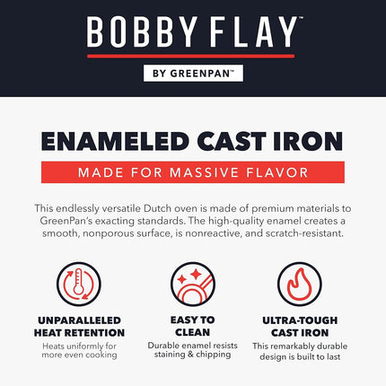 GreenPan by Bobby Flay 5.5QT Enameled Cast Iron Round Dutch Oven with Lid, Dual Handles, Oven Safe to 500F & Induction Suitable, Self Basting Lid, Ultra-Durable, Sear, Braising, Bread, Stews, Cobalt