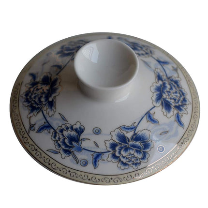 Chinese Porcelain Teacups 10oz Gaiwan Flower Tureen Tradition Sancai Cover Bowl Lip Cup Saucer Tea Set Loose Tea Blooming (Blue Silk Peony)
