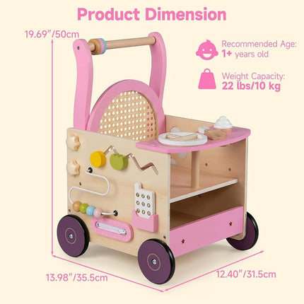 OLAKIDS Wooden Baby Walker, Activity Center Push Walking Toy with Wheels, Montessori Rattan Doll Stroller for Boys Girls Babies 12-36 Months