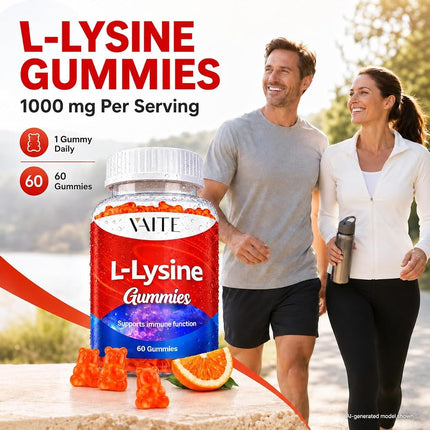 L Lysine 1000mg Gummies – Chewable Non-GMO Supplement, Plant-Based Amino Acid Formula, Gelatin Free, Gluten Free, Soy-Free, Complex Supplements, 60 Vegan Chewables for Adults