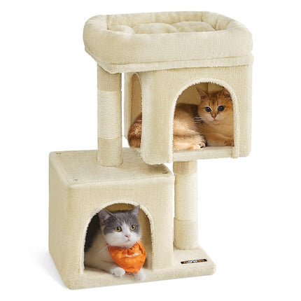 Feandrea Cat Tree Tower, 67 cm, S, Condo for Kittens up to 7 lb, Large Perch, 2 Caves, Scratching Post, Beige UPCT611M01