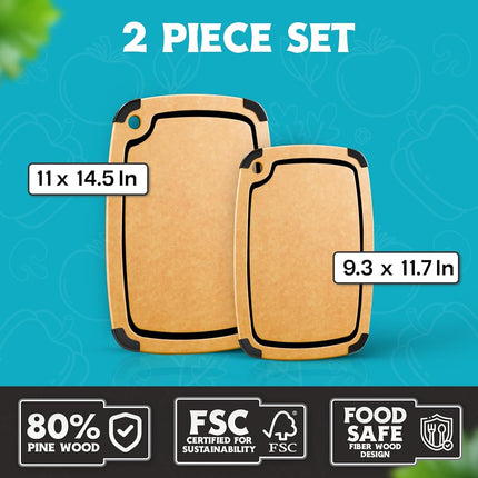 Dishwasher Safe Cutting Boards for Kitchen Set - Large Composite Wood Cutting Boards (14.5" x 11" & 11.7" x 9.3") Non-Slip & Juice Groove - Thin & Lightweight Eco-Friendly - Natural w Black Grooves