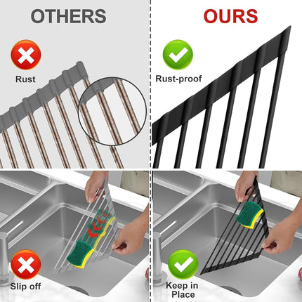 MERRYBOX Triangle Roll Up Dish Drying Rack Over The Sink, 2025 Anti-Rust Sink Drying Rack with Full Silicone Wrapped for Top of Sink Coner, Anti-Slip Organizer for Kitchen