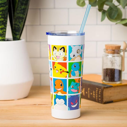 Gobelet isotherme en acier inoxydable double paroi Silver Buffalo Pokémon Pikachu, Ronflex, Salamèche, Carapuce, Bulbizarre, Évoli, Ectoplasma, Togepi, Magicarpe, Psykokwak, Rondoudou, Miaouss, Mew avec paille, 650 ml