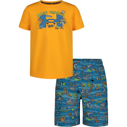Under Armour Boys Swim Volley Set, Short Sleeve Shirt & Matching Shorts, Lightweight & Breathable, Nova Orange Shark, 4