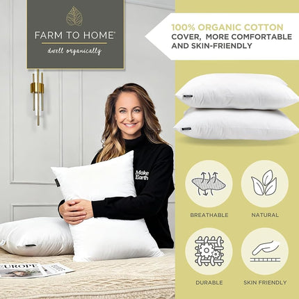 Farm To Home 100% Organic Cotton Bed Pillows Queen Size Set of 2 - Down Alternative Hotel Quality White Bedding for Back and Side Sleepers,20"x28"