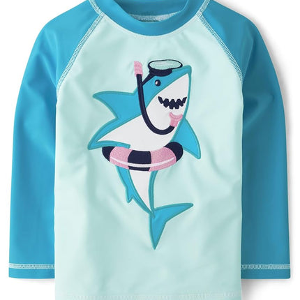 Gymboree Camiseta de natación de manga larga con bordado para niños y pequeños, tiburón turquesa, 8