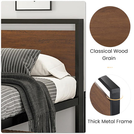 SHA CERLIN - 14 Inch King Size Metal Platform Bed Frame with Wooden Headboard and Footboard, Mattress Foundation, No Box Spring Needed, Large Under Bed Storage, Walnut
