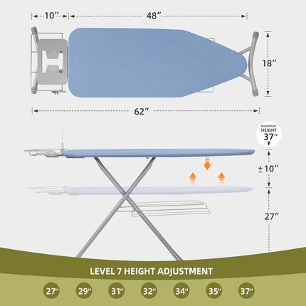 Storageideas Ironing Board 48" x 18" with Iron Holder, Adjustable Height 27" to 37", Full Size Space-Saving Foldable Iron Board with Padded Removable Cover, Sturdy Steel Frame and Legs, Blue