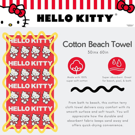 Sanrio Hello Kitty Oversized Cotton Beach Towel, 30 x 60 Inch Large Soft & Absorbent Pool, Bath & Beach Towel (100% Officially Licensed Product) by Franco Collectibles