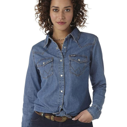 Camisa vaquera de manga larga con broches estilo retro Wrangler para mujer, mezclilla mediana, S