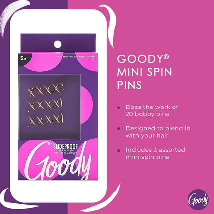 Goody Hair Spin Pin, Mini Corkscrew Hair Pins for Fast Bun Provides All-Day Hold - Easy and Quick To Use - Pain-Free Hair Accessories for Women, Men, Boys, and Girls, 3 Count (Pack of 1)