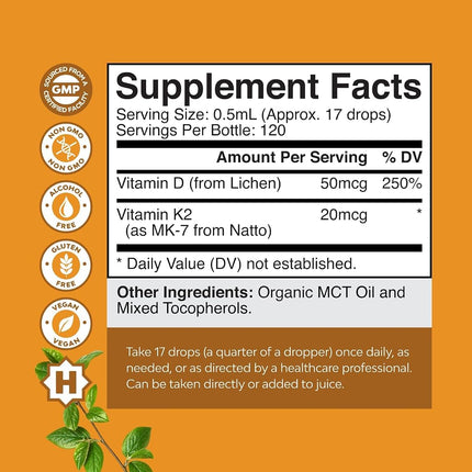 Natures Craft Liquid Vitamin D3 with K2 for Adults - Organic Drops 2000IU per Serving Vegan Bone Muscle Heart & Immune Support MCT Oil Enhanced Absorption - 2Fl Oz (Pack of 1)