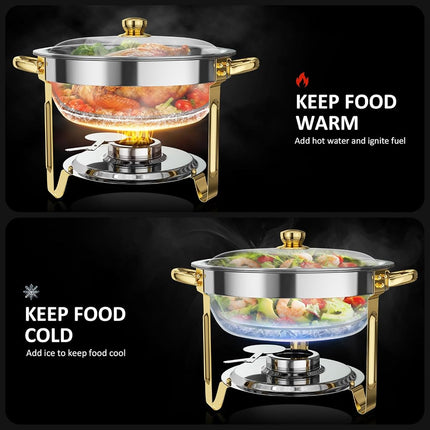 Réchauds de Buffet, Lot de 4 Réchauds Ronds de 4,7 L [Couleurs Or et Argent Élégantes] Serveurs et Chauffe-plats en Acier Inoxydable pour Traiteur Événements Fêtes Dîners avec Kit Complet