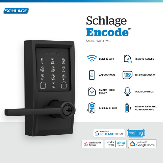 Schlage FE789WBCEN622LAT Encode Century WiFi Latitude Levier Serrure de porte connectée sans clé à écran tactile, Noir mat
