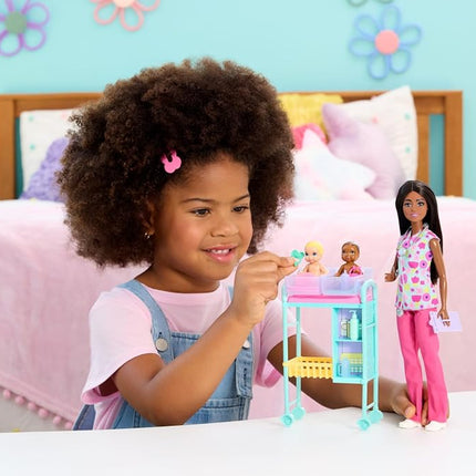 Barbie Careers Baby Doctor Playset with Brunette Doll Wearing Scrubs, 2 Baby Dolls, Examination Table & Accessories, JMK13