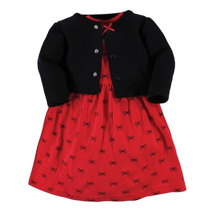 Cárdigan y vestido acolchados de talla única para bebés Hudson Baby, lazos rojos y negros, 12-18 meses