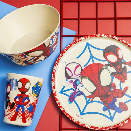 Zak Designs Marvel Spider-Man Vajilla para niños Incluye plato de 20 cm, tazón de 15 cm y vaso de 295 ml, Material de bambú melamina duradero y sostenible (Juego de 3 piezas, Spidey y sus sorprendentes amigos)