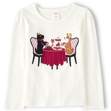 Gymboree Girls' and Toddler Fall and Holiday Embroidered Graphic Long Sleeve T-Shirts, Tea Time Pups, 3T