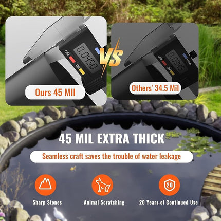 VEVOR 15 x 20 ft Pond Liner, 45 Mil Thickness, Pliable & Durable EPDM Material, Easy Cutting Underlayment for Fish or Koi,Waterfall, Fountains, Water Gardens, Black