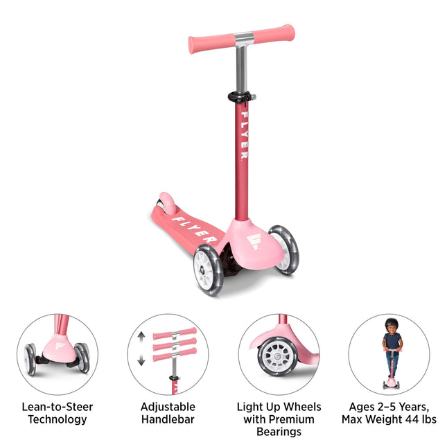 Kids Scooter, Toddler Scooter, Flyer Glider Jr. with Light Up Wheels, Pink, Radio Flyer Ride On Toys for Kids 2-5 Years Old, for Outdoor Riding