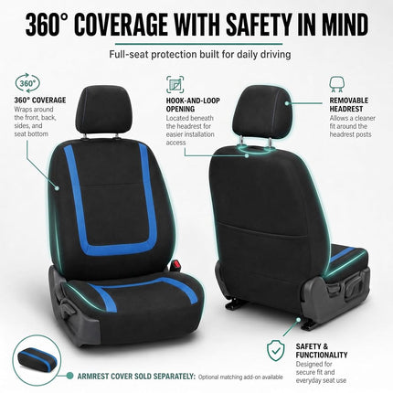 FH Group Car Seat Covers Front Set in Cloth -Car Seat Covers for Low Back Car Seats with Removable Headrest,Universal Fit,Automotive Seat Covers,Washable Car Seat Cover for SUV,Sedan,Van Blue