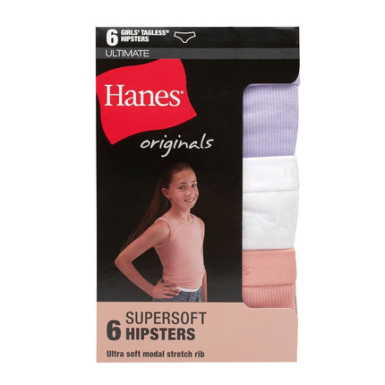 Hanes Ultimate Girls' Supersoft Bikini Briefs & Hipsters, Hipster - Purple/White/Peach 6-Pack, 14