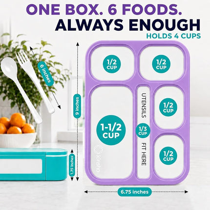 kinsho Bento Lunch Box Kids & Adult: Leakproof Lunch Containers for Boys & Girls with 6 Compartments - School, Daycare, Meal Planning Portion Control Container, BPA-Free Boxes, Utensils | Purple Teal