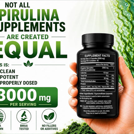 Spirulina Powder Capsules 3000 mg - Purest Non-Irradiated Blue Green Algae - Best Raw Vegan Protein - Green Superfood - Natural Multivitamins – 180 Pills Made in the USA