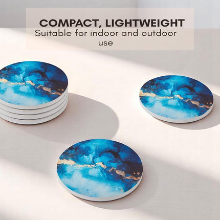 Absorbent Coaster Set of 6 with Holder, Drink Coasters for Coffee Table, Kitchen, Home Decor, Cute Ceramic Round Coasters, Alternative to Silicone, Cork or Glass Coaster (Sapphire)