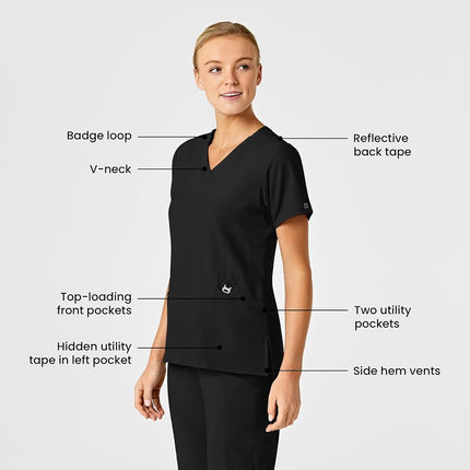 WonderWink 6155ABLACXL W123 Women's Stylized V-Neck Top, Black, Standard-XL Size
