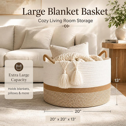KAKAMAY Large Blanket Basket (20"x13"),Woven Baskets for storage Baby Laundry Hamper, Cotton Rope Blanket Basket for Living Room, Laundry, Nursery, Pillows, Baby Toy chest (White/Brown)