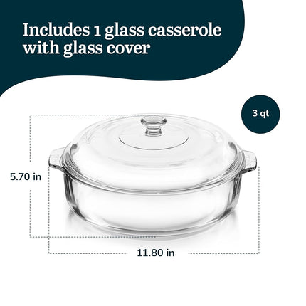 Libbey Baker's Basics Glass Casserole Dish with Cover Tableware 96 oz 3-Quart Dish w/Cover