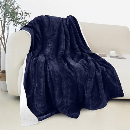 Elegant Comfort Reversible and Ultra-Plush Flannel Fleece Sherpa Throw- Lightweight Soft and Cozy- All Season Decorative Throw, Perfect for Lounging, 50 x 60 inches, Navy Blue