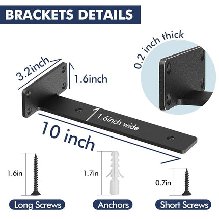 Starunder 6 Pack Floating Shelf Brackets, 10 inch Heavy Duty Industrial Shelf Bracket, Black Metal L Brackets for Shelves Support DIY(1/5 Inch Thicked)