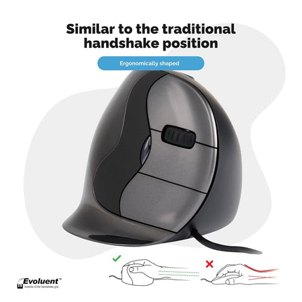 Evoluent VerticalMouse D Featuring Comfortable Handshake Position, Grooved Extended Lip Buttons, Thumb Buttons, Adjustable Pointer Speed With Indicators - Right Handed USB Wired - Large