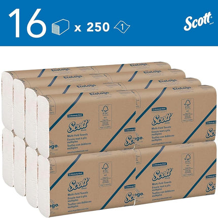 Scott Multifold Hand Towels, Z-Fold White Paper Towels for Bathroom, Soft, Strong, Eco-Friendly, Highly Absorbent, 16 Packs x 250 Z-Fold Paper Sheets (4,000 Sheets Total). Model nr. 1804