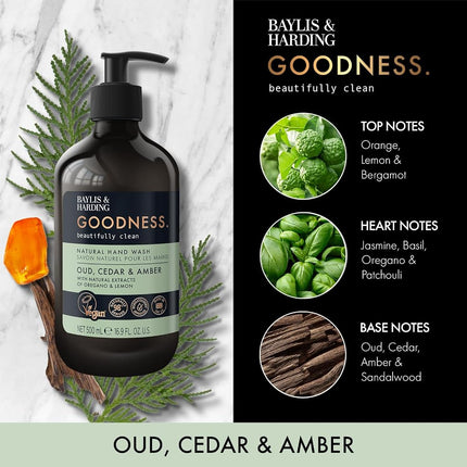 Baylis & Harding Goodness Oud, Cedar & Amber Natural Hand Wash, 500ml (Pack of 3) - Vegan Friendly