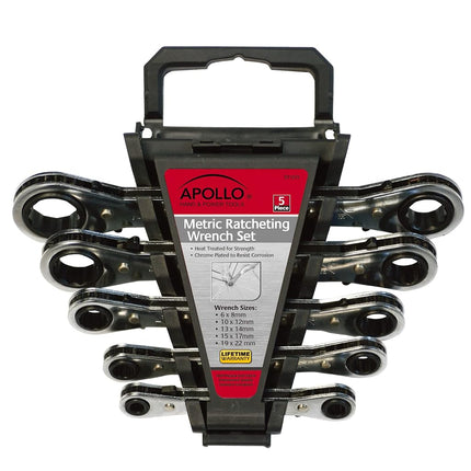 Apollo Tools 5 Piece Metric Steel Ratcheting Wrenc