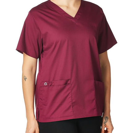 WonderWink Women's Wonderwork V-Neck Scrub Top, Wine, Small