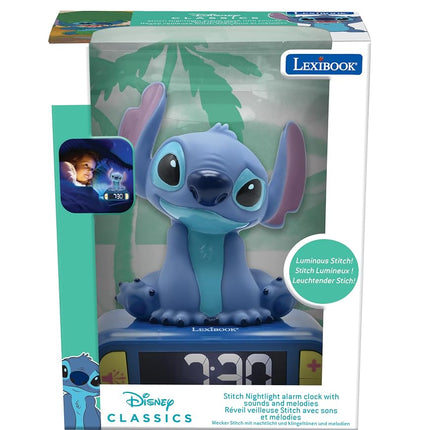 LEXIBOOK, Disney Stitch Night Light Alarm Clock, Sounds and Melodies, LCD Backlit Display, Luminous, Snooze, Blue, RL800D