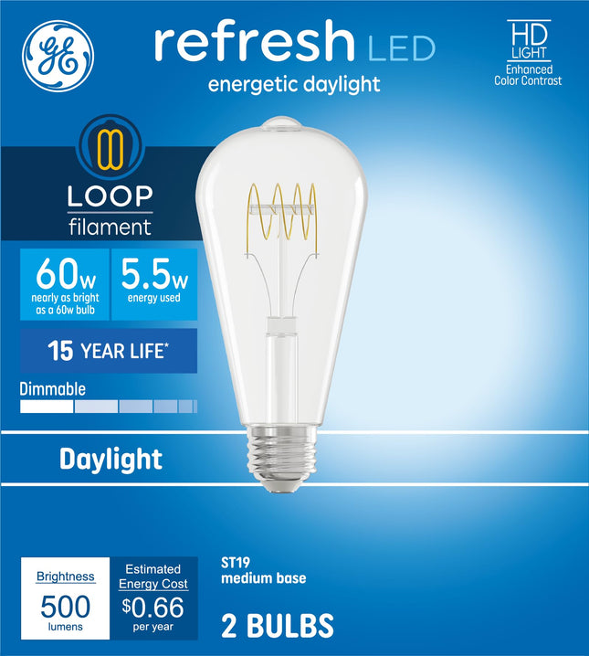 GE Refresh HD Daylight 60W ST19 Bulbs Loop Filamen
