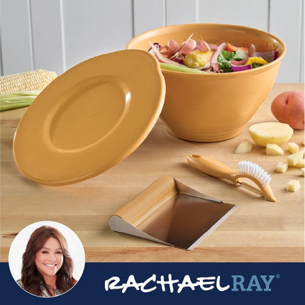 Rachael Ray Tools and Gadgets Kitchen Prep, Garbage Bowl with Lid, Bench Scrape, Veggie Peeler, 4 Piece Food Prep Set - Tumeric Yellow