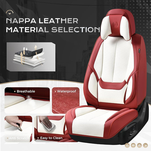 Coverado Seat Covers Full Set, 5 Seats Seat Covers for Cars, Waterproof Nappa Leather Car Seat Covers with Head Pillow, Seat Protectors Car Seat Cushion Universal Fit for Most Cars (Red&White)