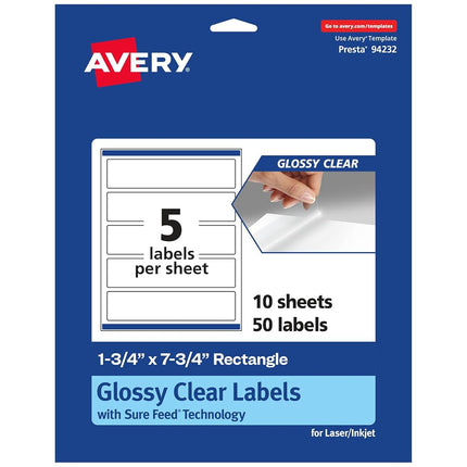 Avery Glossy Clear Rectangle Labels with Sure Feed, 1.75" x 7.75", 50 Glossy Clear Labels, Print-to-The-Edge, Laser/Inkjet Printable Labels