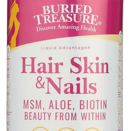 Cabello, Piel y Uñas Buried Treasure con MSM Biotina Aloe Vera más Vitaminas y Minerales en un Complejo Líquido de Alimentos Integrales de Alta Potencia para un Cabello Más Abundante, Uñas Más Fuertes y Piel Más Clara 16 oz