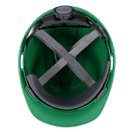MSA 475362 V-Gard Cap Style Safety Hard Hat With Fas-Trac III Ratchet Suspension | Polyethylene Shell, Superior Impact Protection, Self Adjusting Crown-Straps - Standard Size in Green