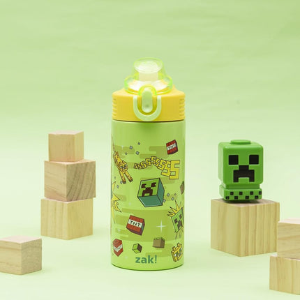 Zak Designs Minecraft Creeper Sage 14oz Leak-Proof Straw Kids Water Bottle