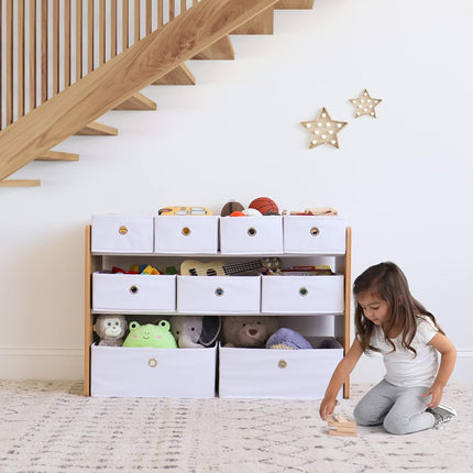 Humble Crew Large Toy Storage Organiser for Children & Toddlers with 9 Collapsible Fabric Storage Bins, Ideal for Storing Toys, Games, Books and Craft Supplies - Natural Wood/White